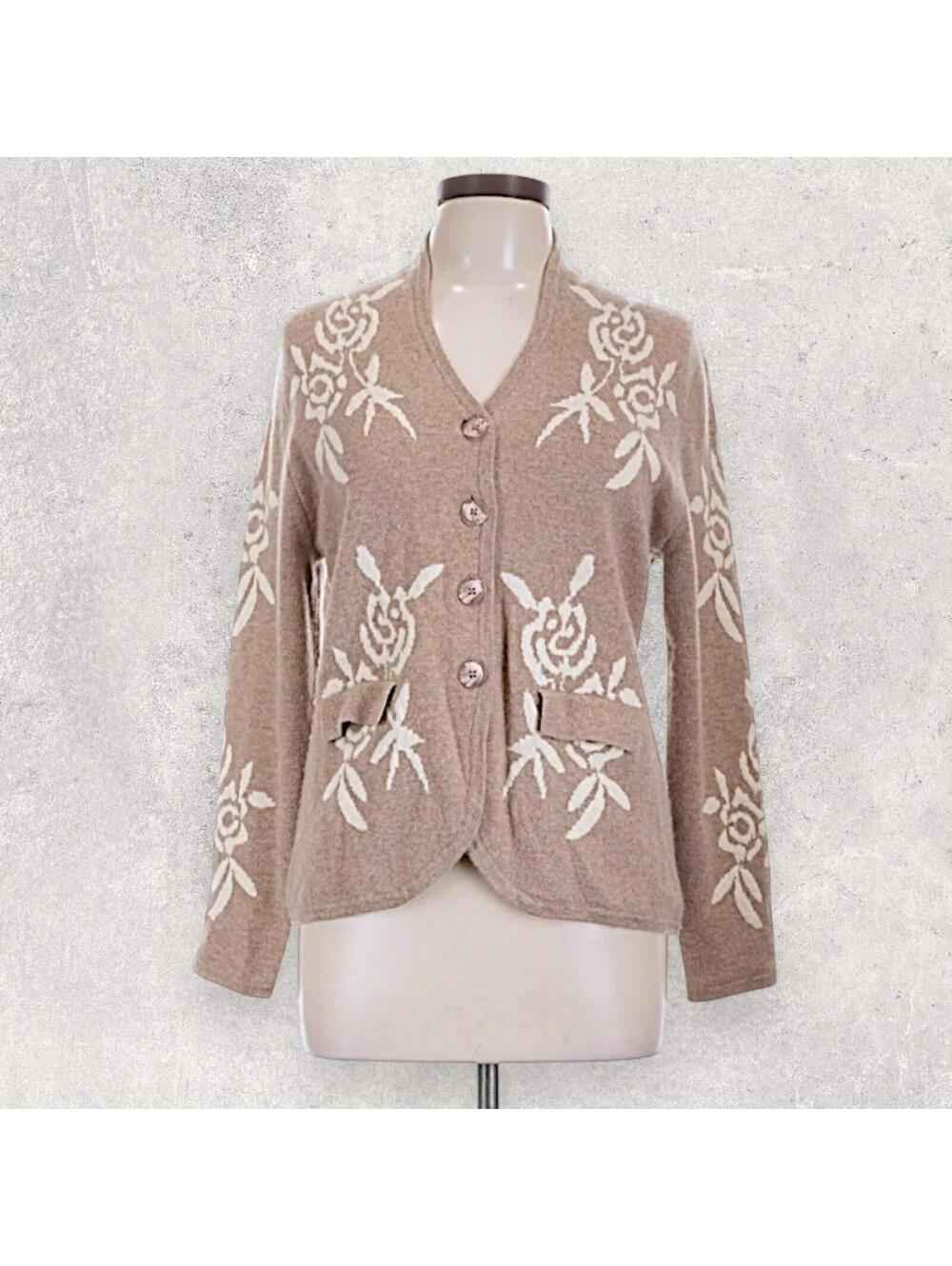 J and Z  Terryl and Peter 100% Cashmere Floral Rose Button Up Cardigan Sweater L